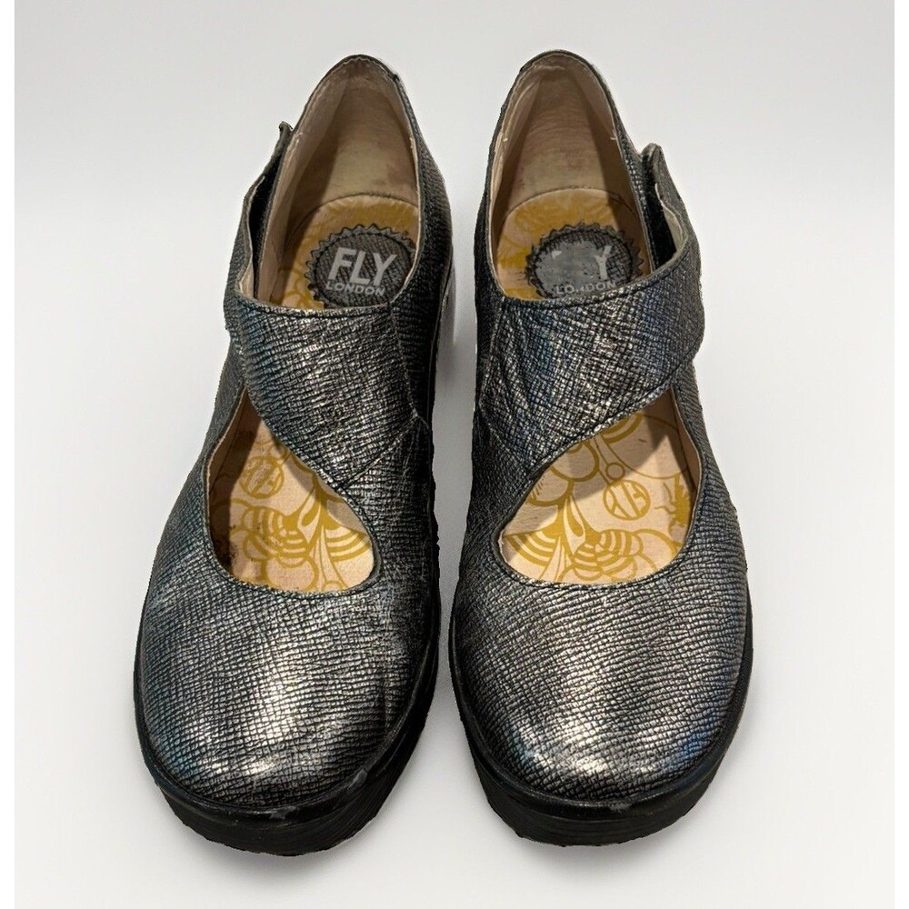 Fly London Yasi Silver Metallic Leather Wedge Mary Jane Shoes EU 39 US 8-8.5